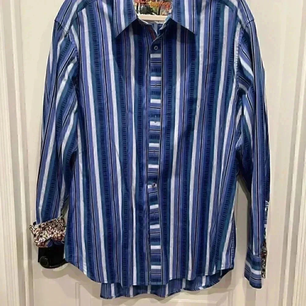 ROBERT GRAHAM BLUE STRPPED LONG SLEEVE SHIRT SIZE XL WORK WEDDING DATE CASUAL